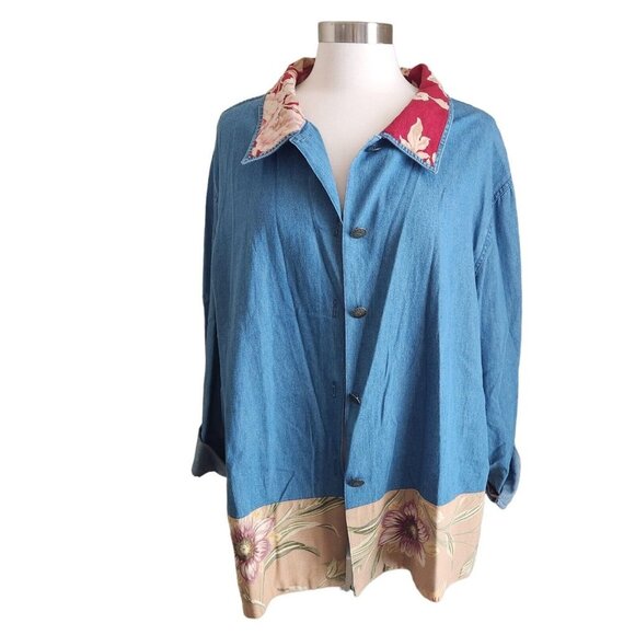 Stone Bridge Womens Shirt Size XL Blue Embroidered Floral‎ 100% Cotton Button Up - Picture 1 of 14